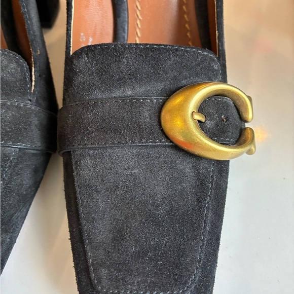 Coach Black Suede Block Heels with Gold Buckle - Picture 3 of 9